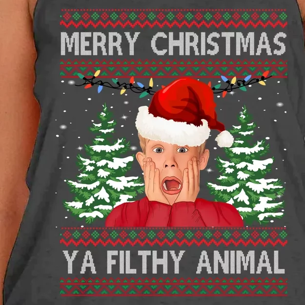 Merry Christmas Ya Filthy Animal Funny Ugly Christmas Women's Knotted Racerback Tank