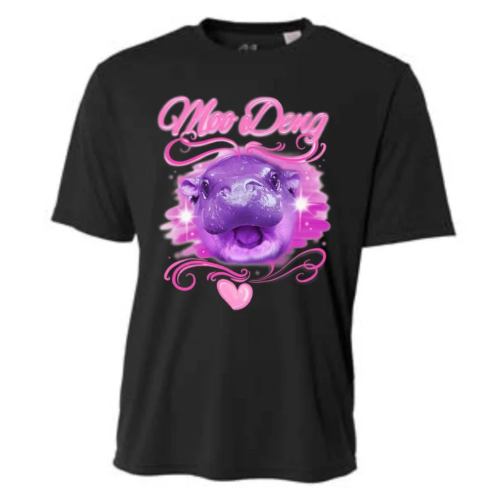 Moo Deng Airbrush Cute Baby Hippo Moo Deng Bouncy Pig Cooling Performance Crew T-Shirt