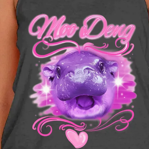 Moo Deng Airbrush Cute Baby Hippo Moo Deng Bouncy Pig Women's Knotted Racerback Tank