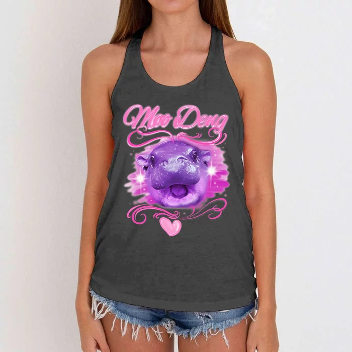 Moo Deng Airbrush Cute Baby Hippo Moo Deng Bouncy Pig Women's Knotted Racerback Tank