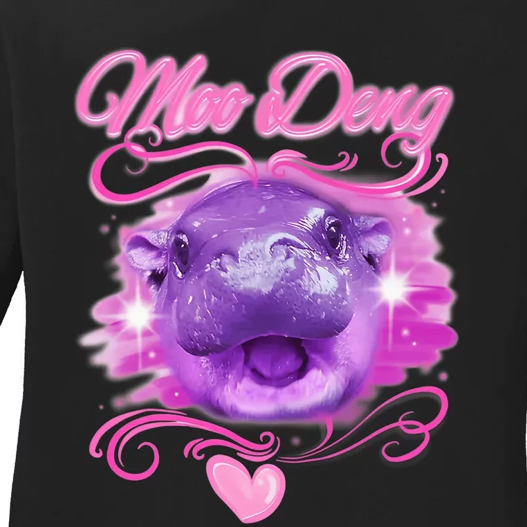 Moo Deng Airbrush Cute Baby Hippo Moo Deng Bouncy Pig Ladies Long Sleeve Shirt