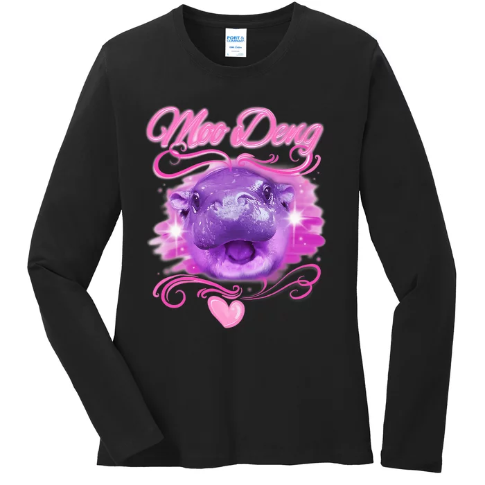 Moo Deng Airbrush Cute Baby Hippo Moo Deng Bouncy Pig Ladies Long Sleeve Shirt