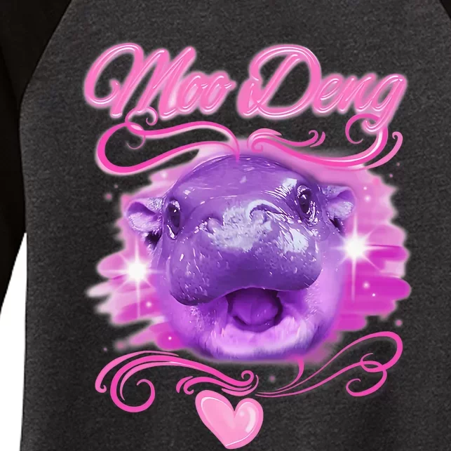 Moo Deng Airbrush Cute Baby Hippo Moo Deng Bouncy Pig Women's Tri-Blend 3/4-Sleeve Raglan Shirt