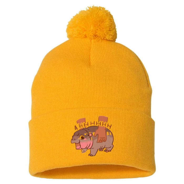 Moo Deng A Hh Hhhh Hippo Funny Pom Pom 12in Knit Beanie