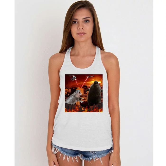 Moo Deng And Pesto Battle Women's Knotted Racerback Tank