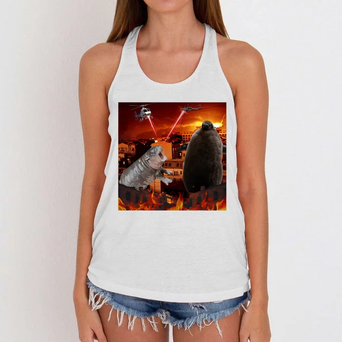 Moo Deng And Pesto Battle Women's Knotted Racerback Tank