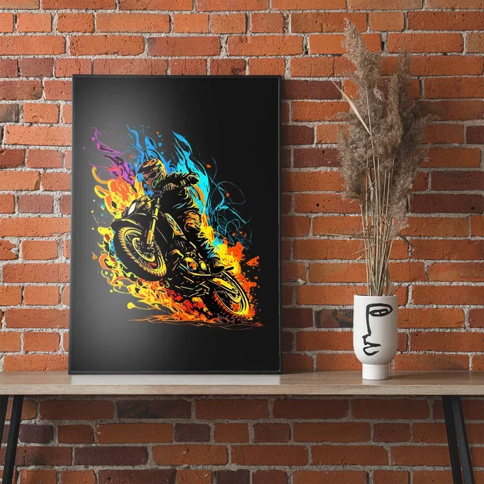 Motocross Dirt Bike Racing Supercross Flying Jump Flames Poster