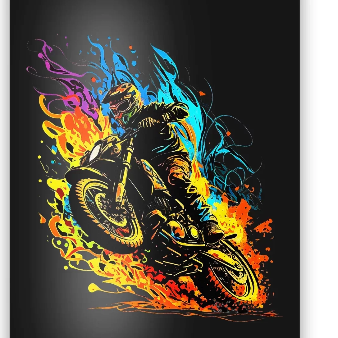 Motocross Dirt Bike Racing Supercross Flying Jump Flames Poster