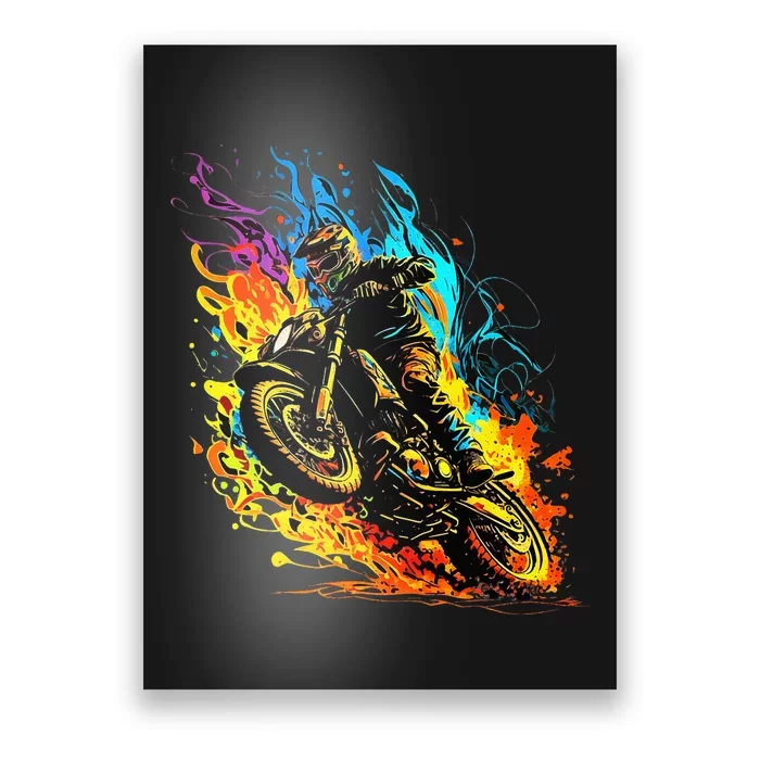 Motocross Dirt Bike Racing Supercross Flying Jump Flames Poster