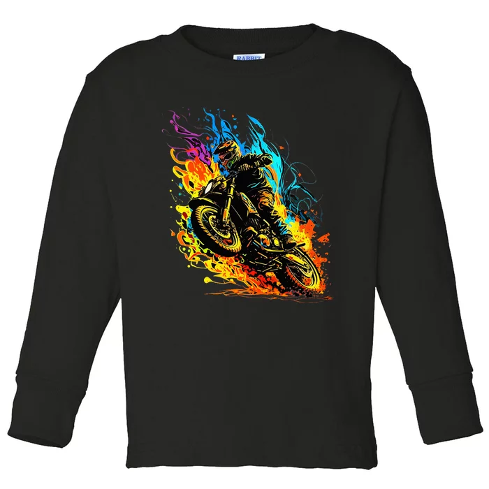 Motocross Dirt Bike Racing Supercross Flying Jump Flames Toddler Long Sleeve Shirt