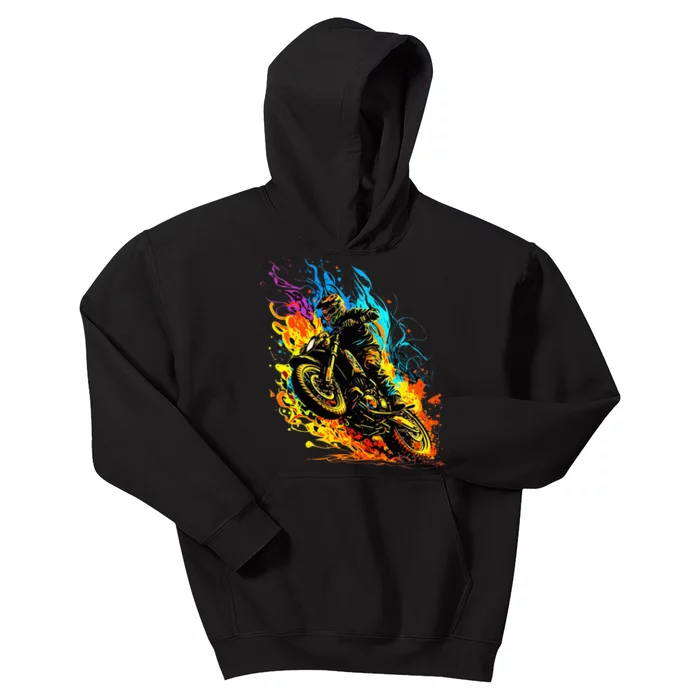 Motocross Dirt Bike Racing Supercross Flying Jump Flames Kids Hoodie