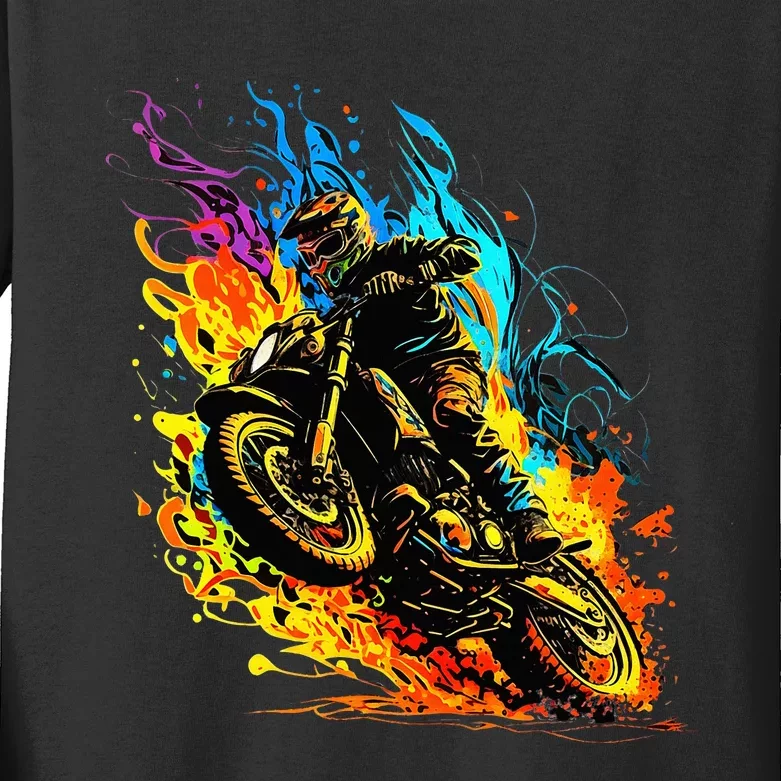 Motocross Dirt Bike Racing Supercross Flying Jump Flames Kids Long Sleeve Shirt