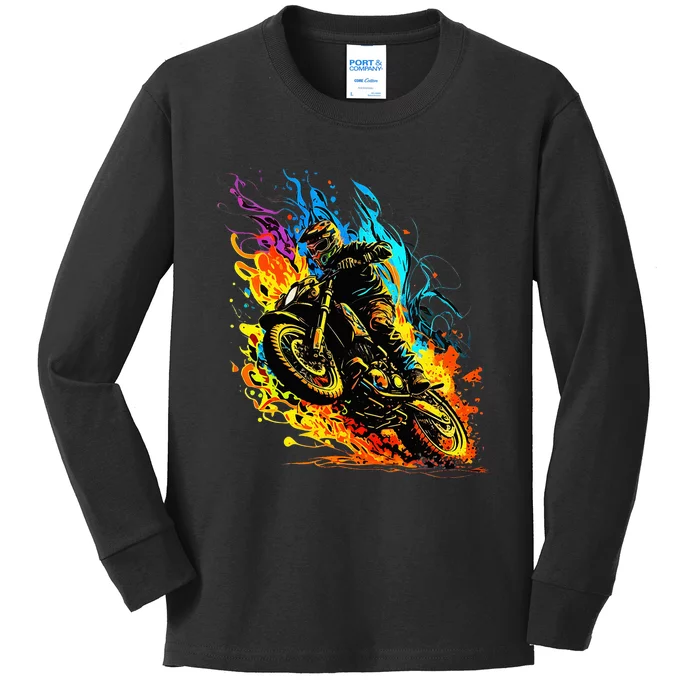 Motocross Dirt Bike Racing Supercross Flying Jump Flames Kids Long Sleeve Shirt