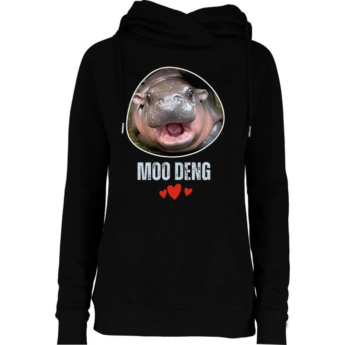 Moo Deng Bouncy Pig In Thai Picture The Cute Baby Hippo Womens Funnel Neck Pullover Hood