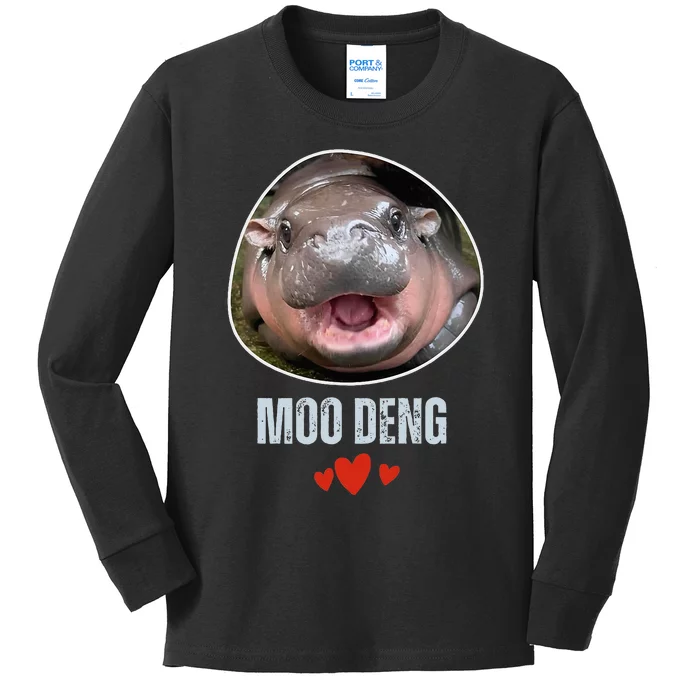 Moo Deng Bouncy Pig In Thai Picture The Cute Baby Hippo Kids Long Sleeve Shirt