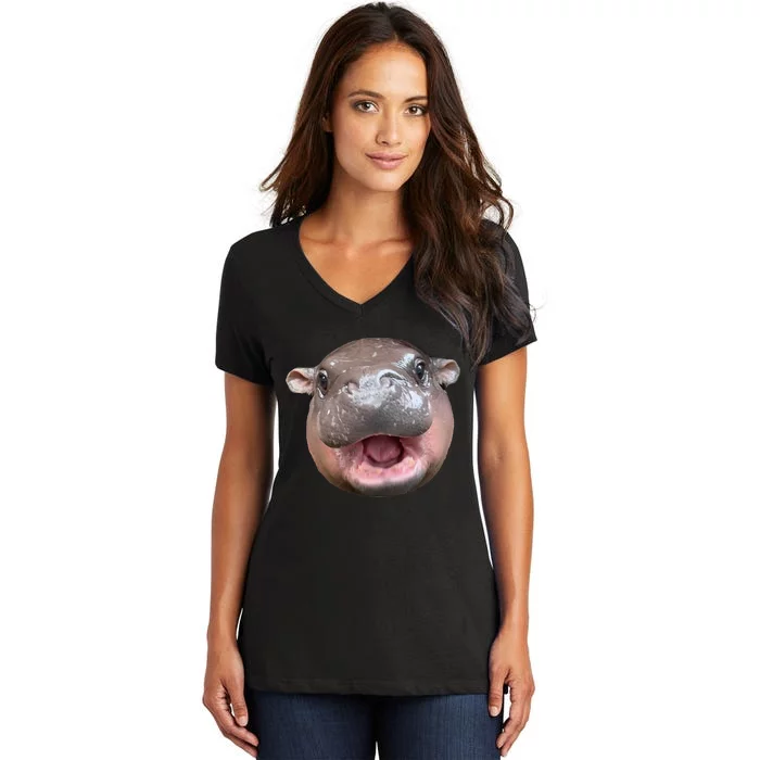 Moo Deng Bouncy Pig The Cute Baby Hippo Face Women's V-Neck T-Shirt