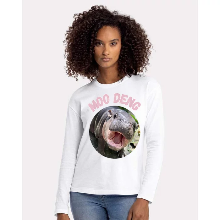 Moo Deng Bouncy Pig In Thai Picture The Cute Baby Hippo Gift Womens Cotton Relaxed Long Sleeve T-Shirt