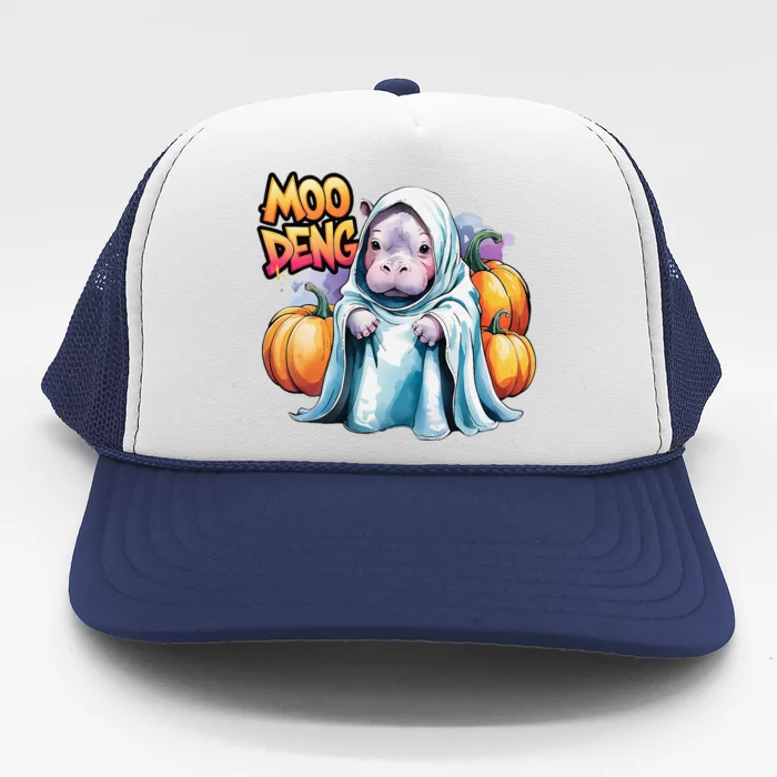 Moo Deng Baby Hippo Spooky Ghost Bouncy Pig Halloween Trucker Hat