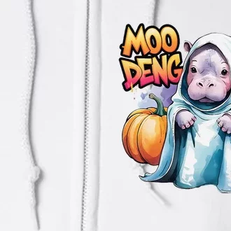 Moo Deng Baby Hippo Spooky Ghost Bouncy Pig Halloween Full Zip Hoodie