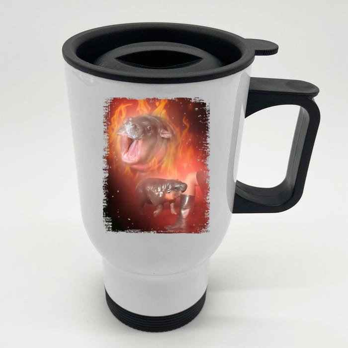 Moo Deng Bouncy Pig In Thai Fire Picture The Cute Baby Hippo Front & Back Stainless Steel Travel Mug