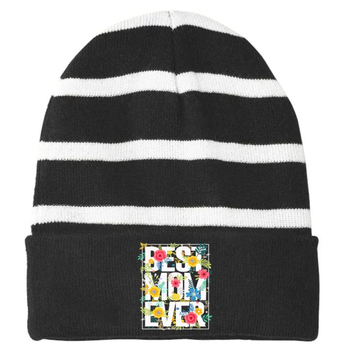 Mothers Day Best Mom Ever Floral Typography Design Flowers Striped Beanie with Solid Band