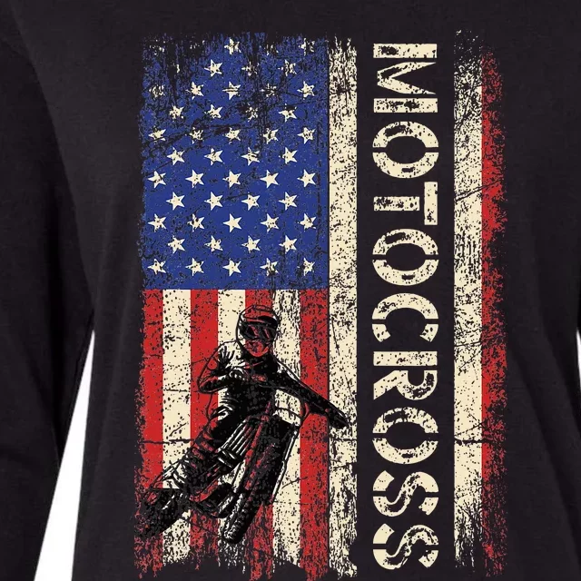 Motocross Dirt Bike American Usa Flag Womens Cotton Relaxed Long Sleeve T-Shirt