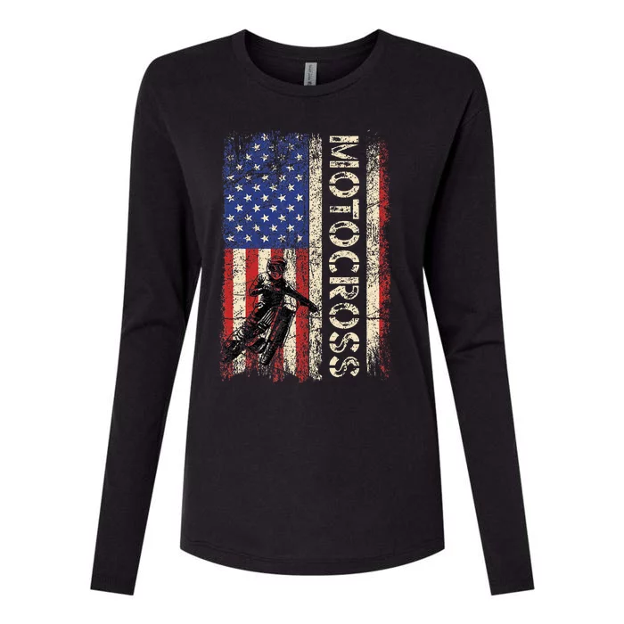 Motocross Dirt Bike American Usa Flag Womens Cotton Relaxed Long Sleeve T-Shirt