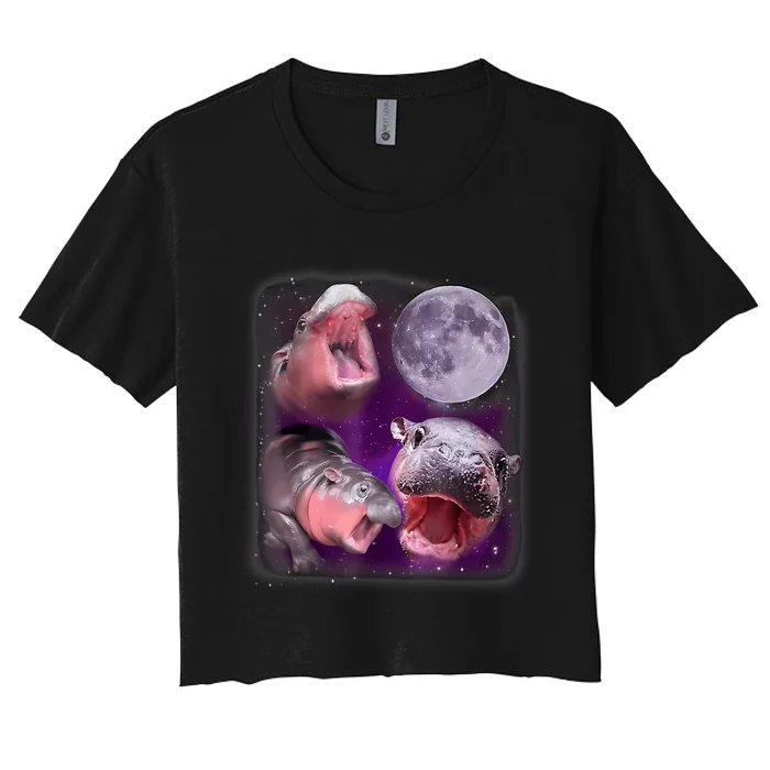 Moo Deng Bouncy Pig In Thai Picture Howling Under The Moon Women's Crop Top Tee