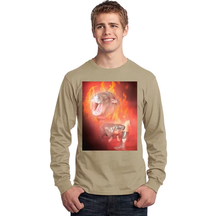 Moo Deng Bouncy Pig In Thai Fire Picture The Cute Baby Hippo Gift Tall Long Sleeve T-Shirt