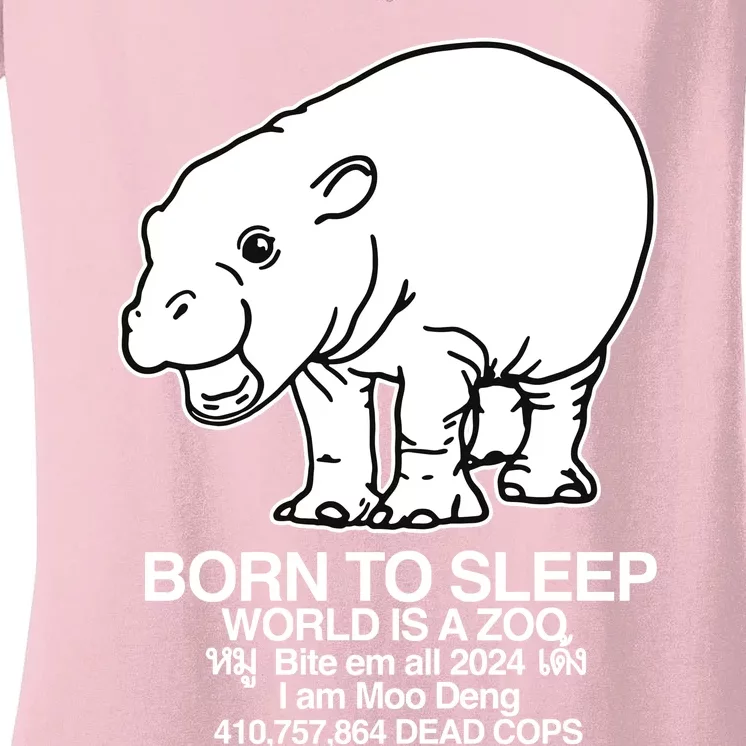 Moo Deng Born To Sleep Women's V-Neck T-Shirt