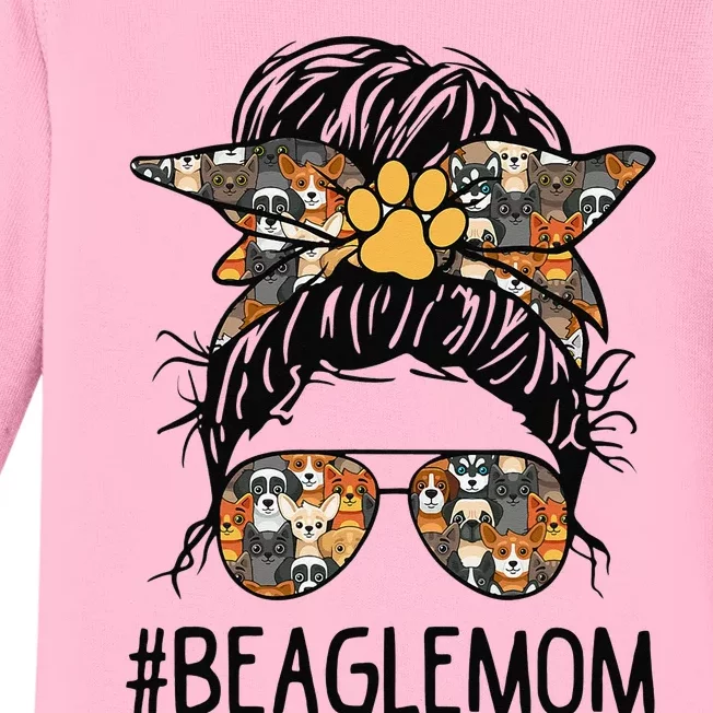 Mother's Day Beagle Mom Messy Bun Hair Dog Mama Pet Owner Baby Long Sleeve Bodysuit