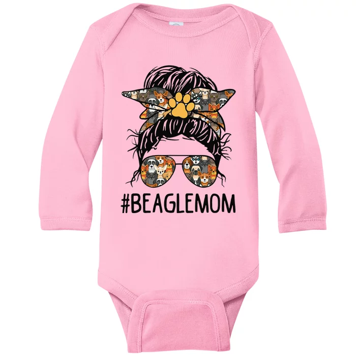 Mother's Day Beagle Mom Messy Bun Hair Dog Mama Pet Owner Baby Long Sleeve Bodysuit