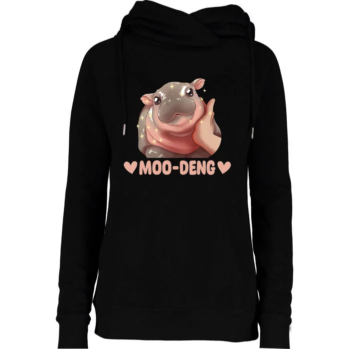 Moo Deng Bouncy Pig In Thai Picture The Cute Baby Hippo Womens Funnel Neck Pullover Hood