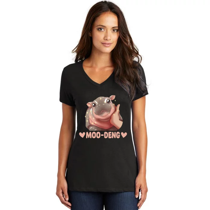 Moo Deng Bouncy Pig In Thai Picture The Cute Baby Hippo Women's V-Neck T-Shirt