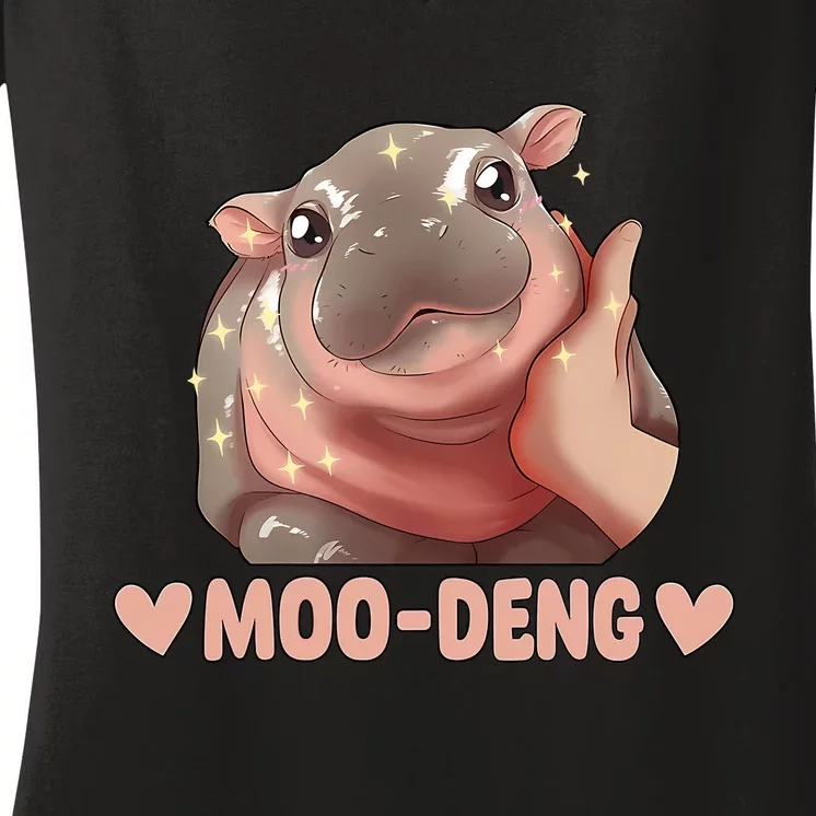 Moo Deng Bouncy Pig In Thai Picture The Cute Baby Hippo Women's V-Neck T-Shirt