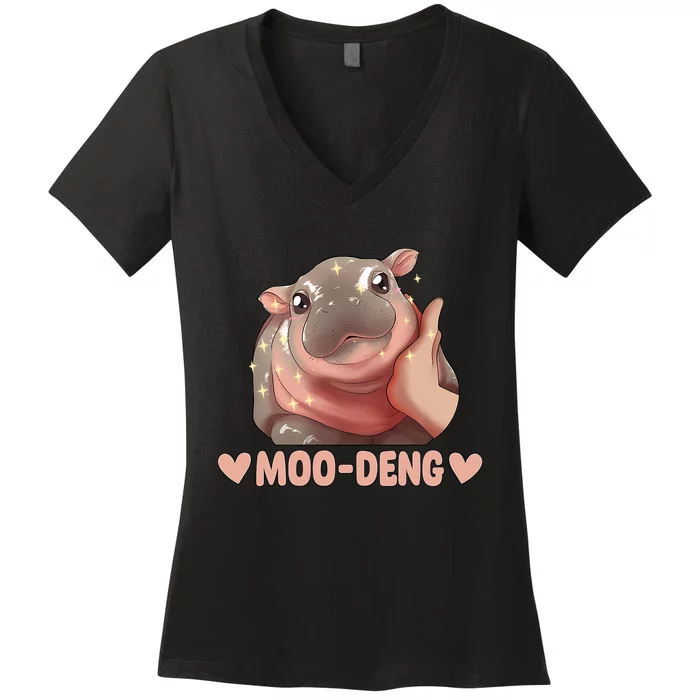 Moo Deng Bouncy Pig In Thai Picture The Cute Baby Hippo Women's V-Neck T-Shirt