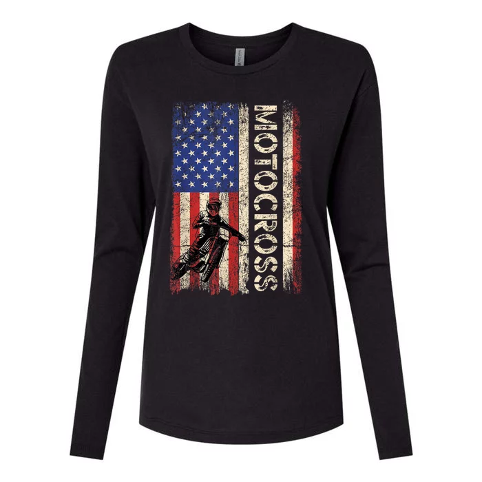 Motocross Dirt Bike American Usa Flag Biker Womens Cotton Relaxed Long Sleeve T-Shirt