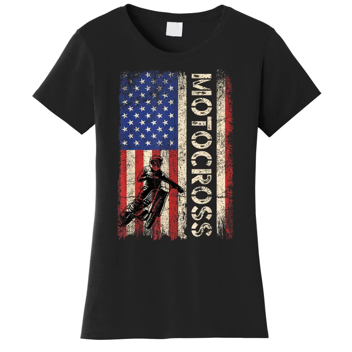 Motocross Dirt Bike American Usa Flag Biker Women's T-Shirt