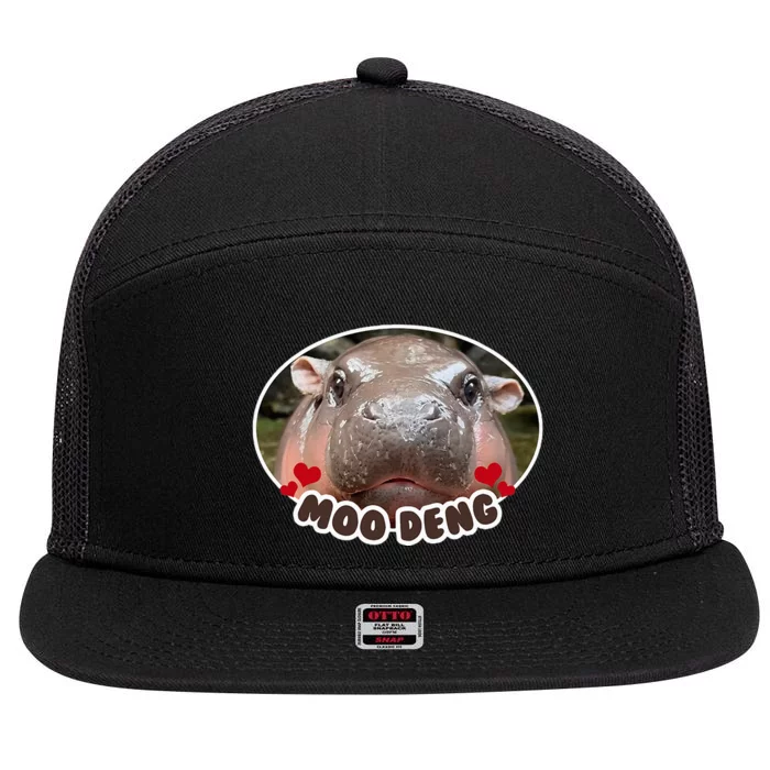 Moo Deng Bouncy Pig In Thai Picture The Cute Baby Hippo 7 Panel Mesh Trucker Snapback Hat