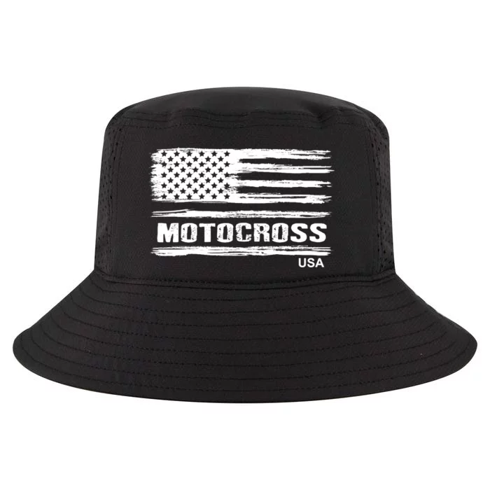 Motocross Dirt Bike Racing Distress American Flag USA Premium Cool Comfort Performance Bucket Hat