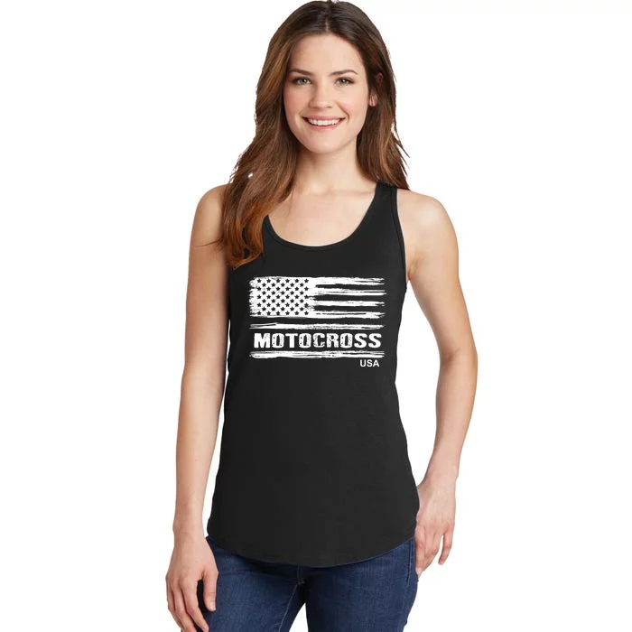 Motocross Dirt Bike Racing Distress American Flag USA Premium Ladies Essential Tank