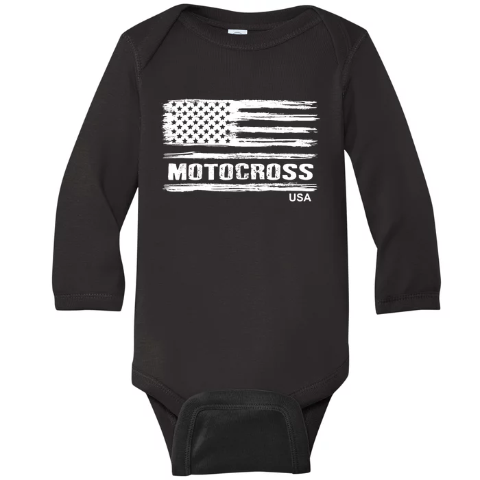 Motocross Dirt Bike Racing Distress American Flag USA Premium Baby Long Sleeve Bodysuit