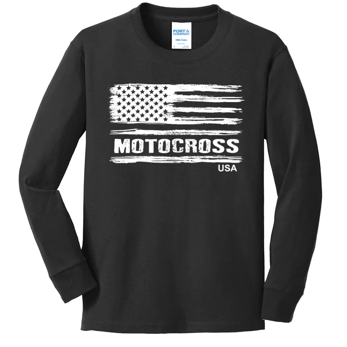 Motocross Dirt Bike Racing Distress American Flag USA Premium Kids Long Sleeve Shirt