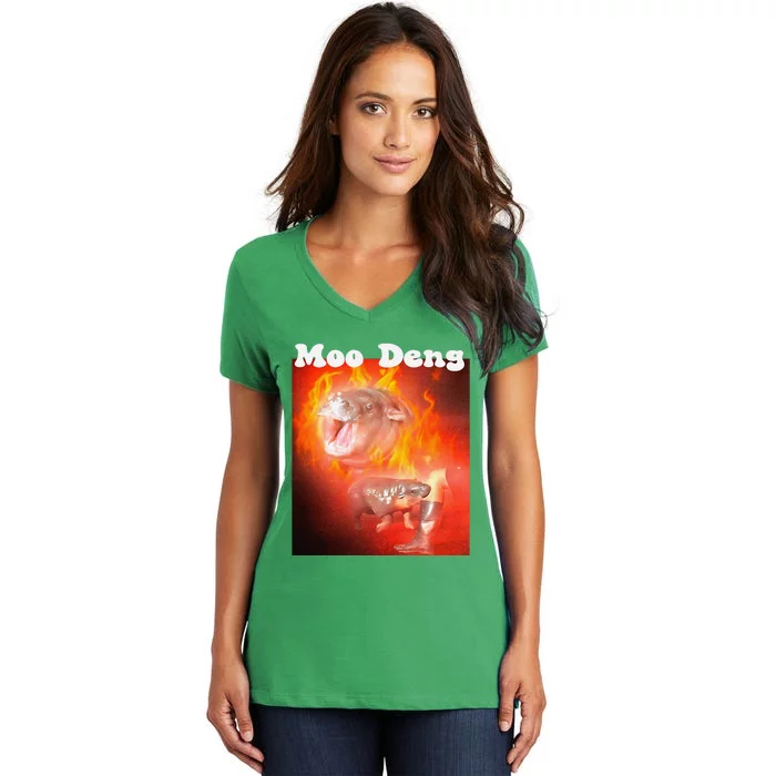 Moo Deng Bouncy Pig In Thai Fire Picture The Cute Baby Hippo Women's V-Neck T-Shirt