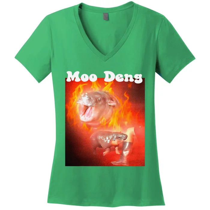 Moo Deng Bouncy Pig In Thai Fire Picture The Cute Baby Hippo Women's V-Neck T-Shirt