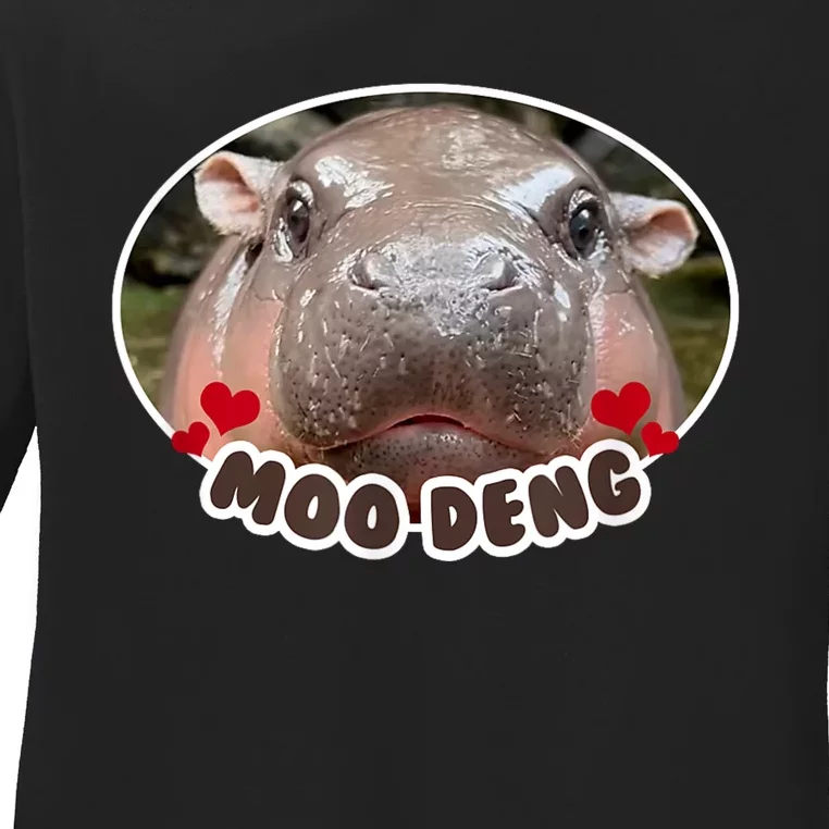 Moo Deng Bouncy Pig In Thai Picture The Cute Baby Hippo Ladies Long Sleeve Shirt