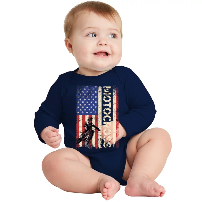 Motocross Dirt Bike American USA Flag Biker Baby Long Sleeve Bodysuit