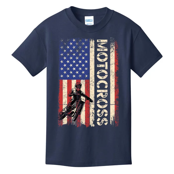 Motocross Dirt Bike American USA Flag Biker Kids T-Shirt