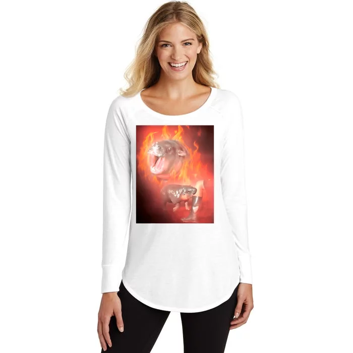 Moo Deng Bouncy Pig In Thai Fire Picture The Cute Baby Hippo Women's Perfect Tri Tunic Long Sleeve Shirt