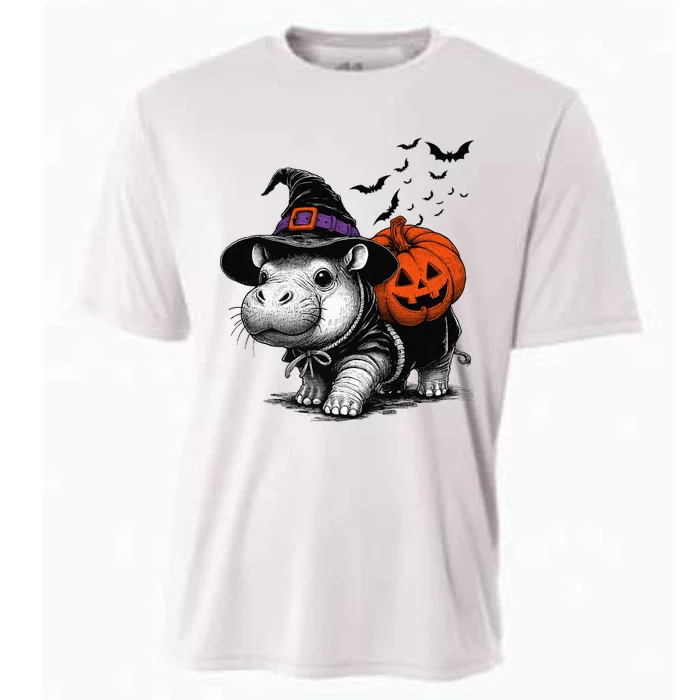 Moo Deng Bouncy Pig Moo Deng Halloween Funny Hippo With Pumpkin Witch Hat Cooling Performance Crew T-Shirt